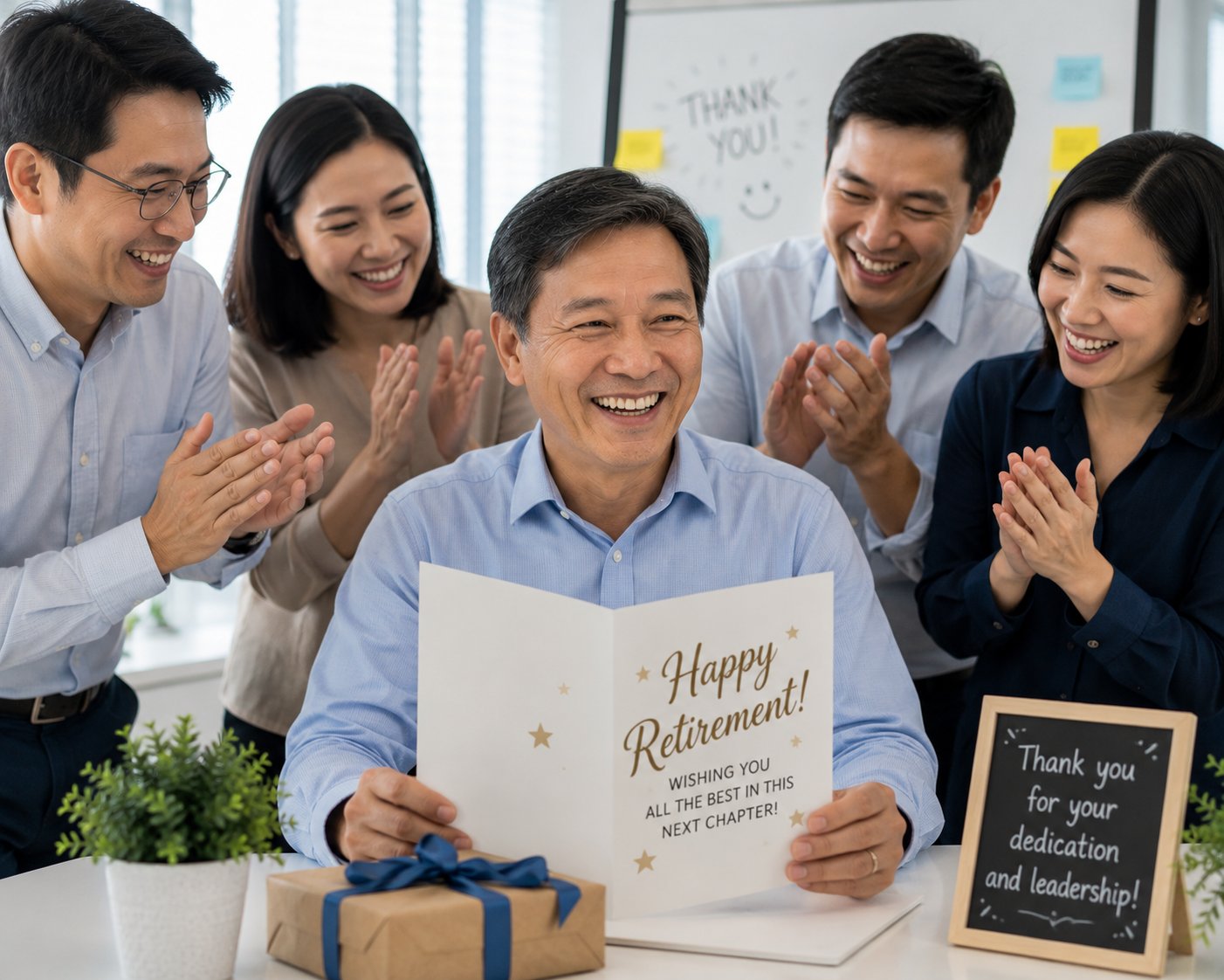 Colleagues applauding a man reading a retirement card