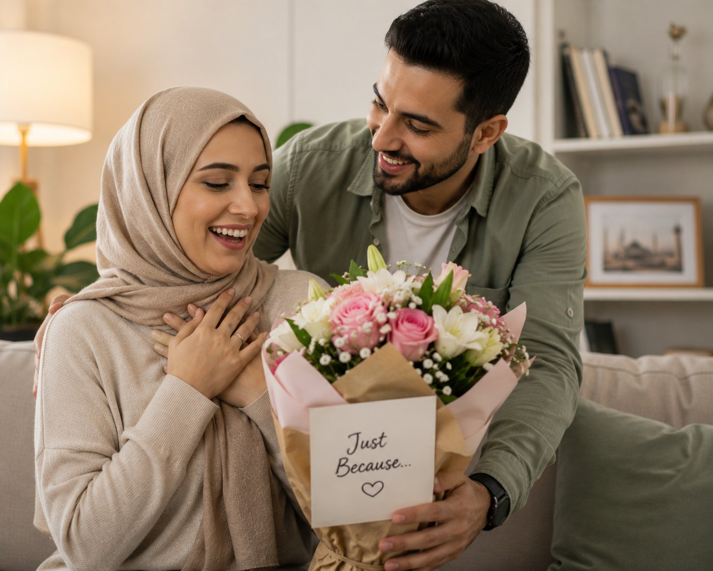 A man surprising his partner with flowers and a 'just because' card