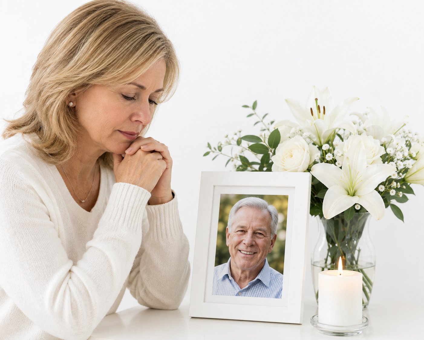 A woman remembering a loved one beside a framed photo and white lilies