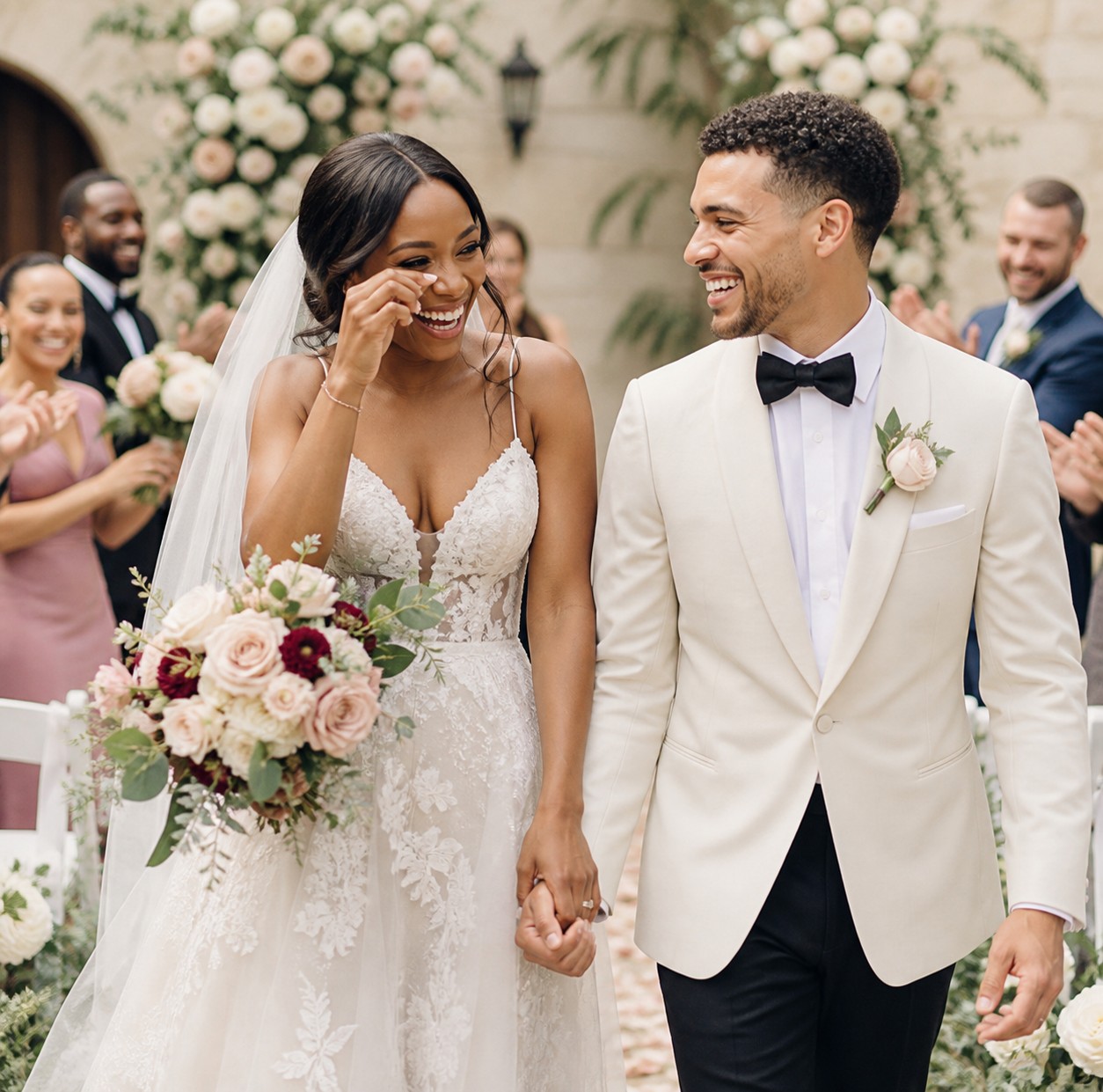 A newlywed couple walking down the aisle as guests applaud