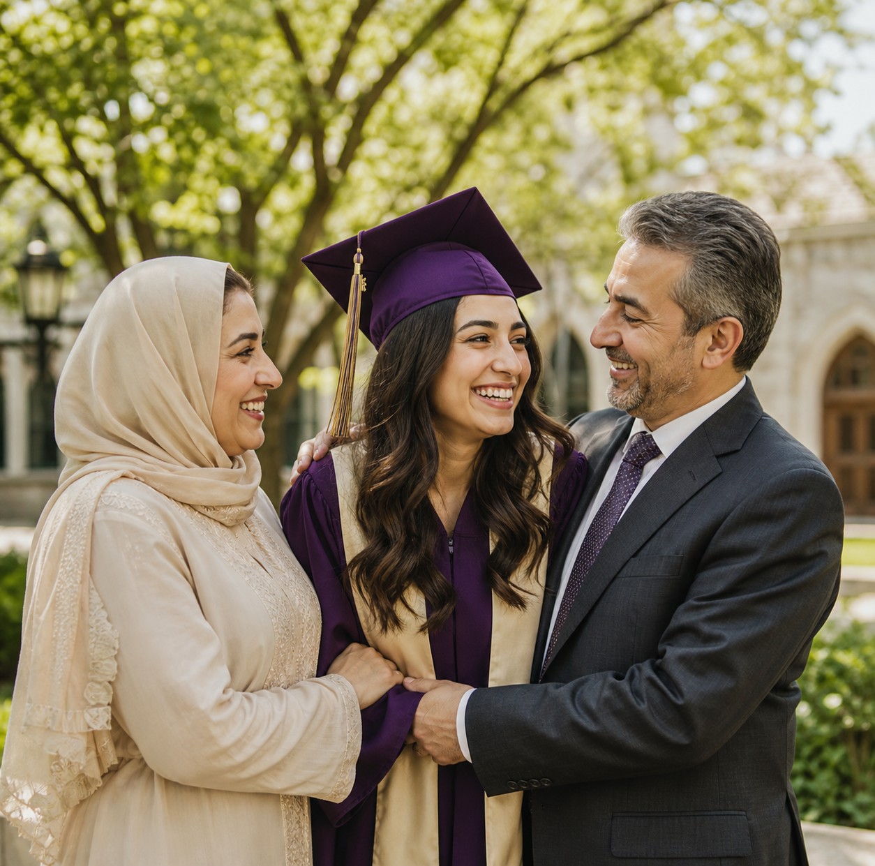 Parents celebrating with their daughter in cap and gown