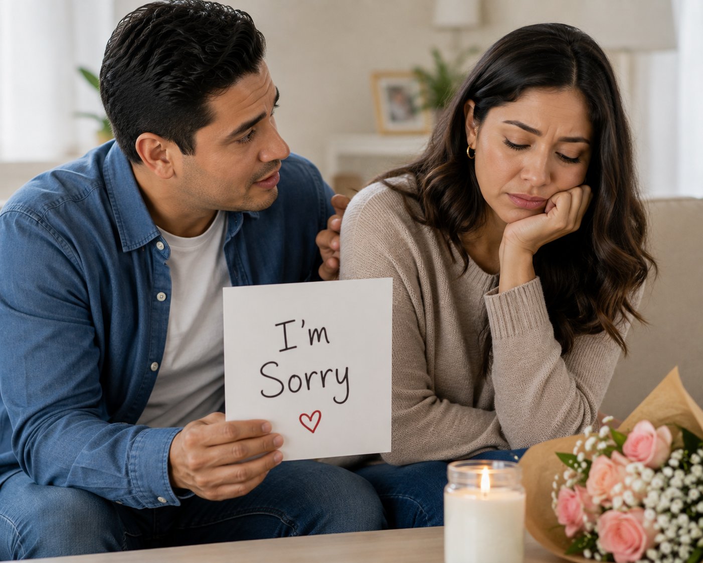 A man holding an 'I am sorry' note beside his partner