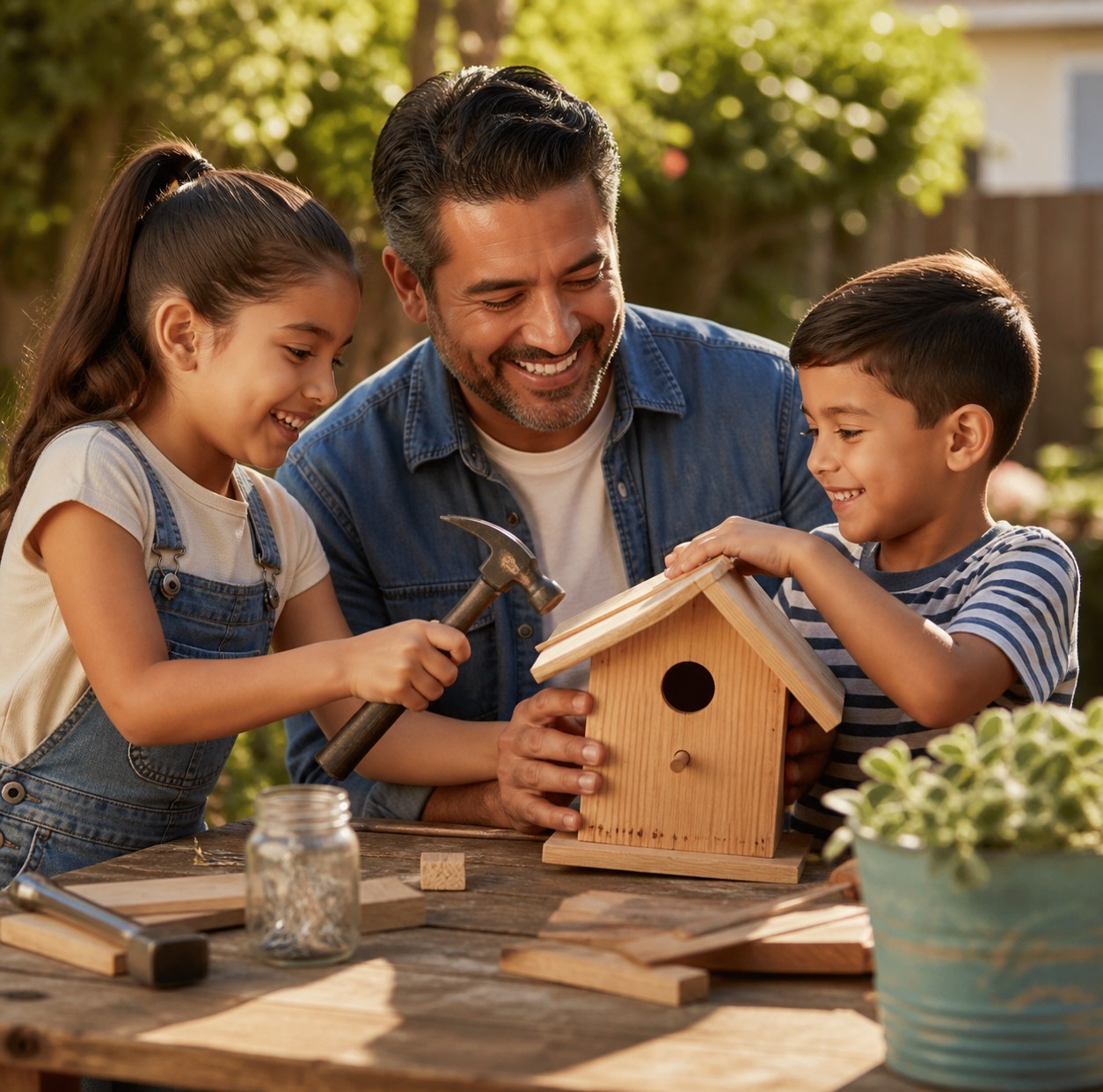 A father building a birdhouse with his two children