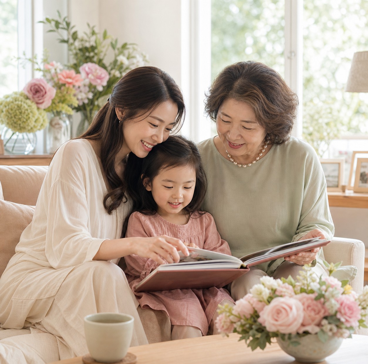 Three generations of women looking at a photo album together