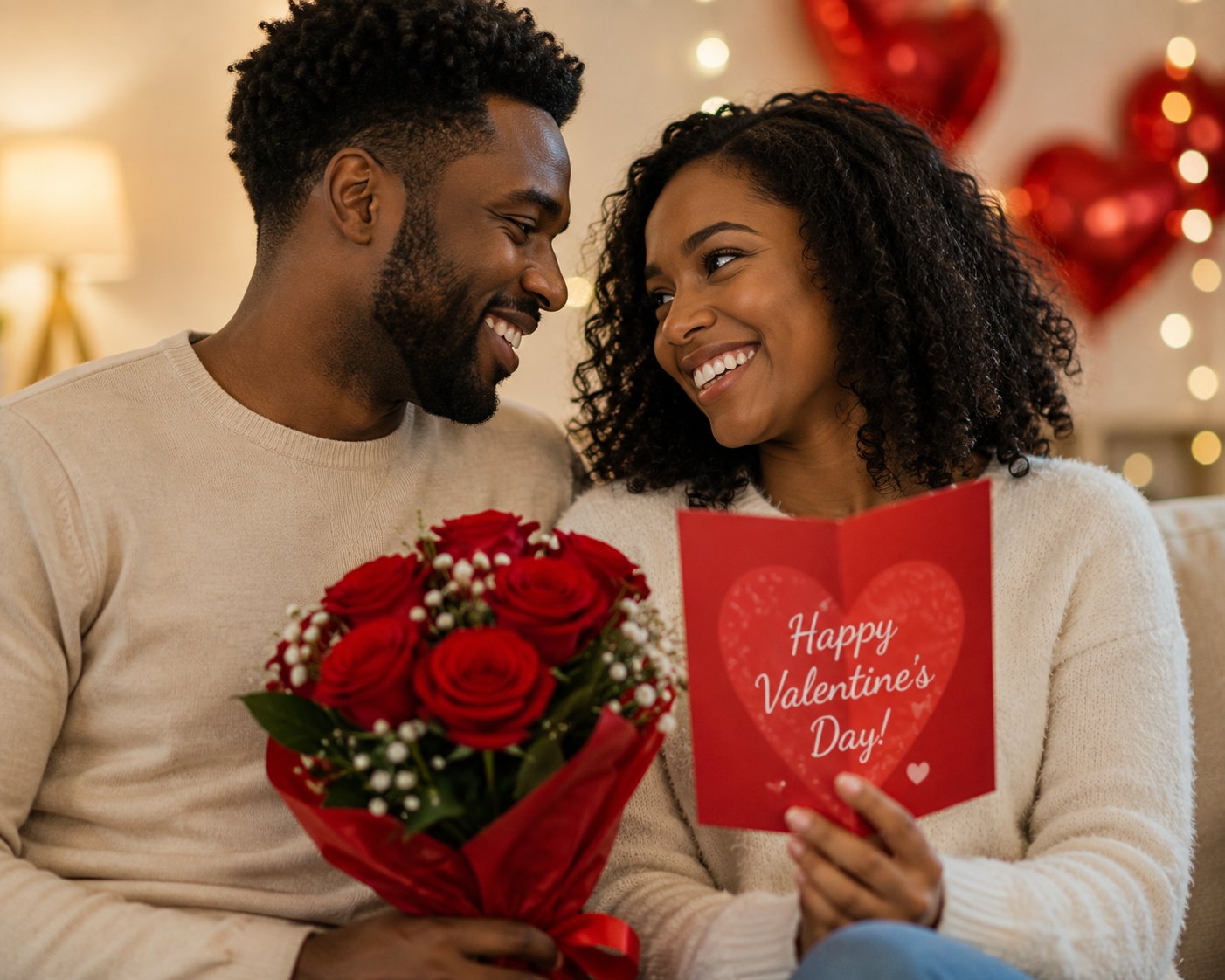 A couple exchanging a Valentine's card and red roses