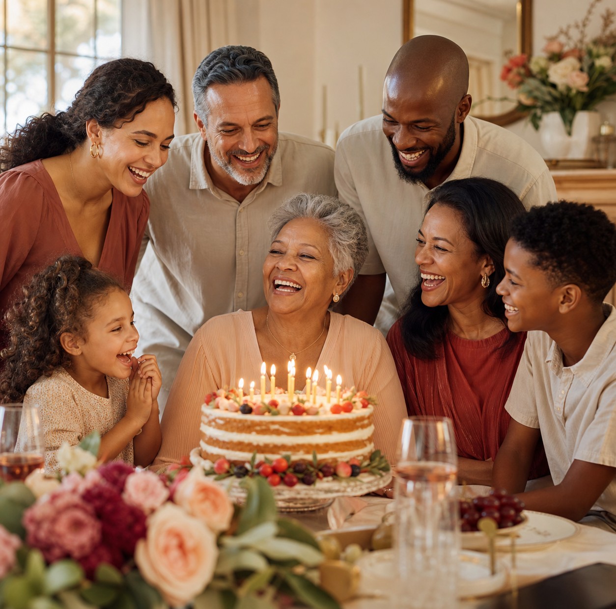 A multigenerational family laughing around a birthday cake