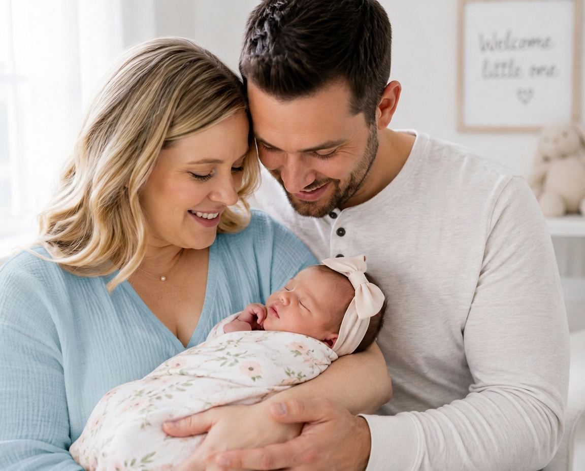 New parents holding their swaddled newborn