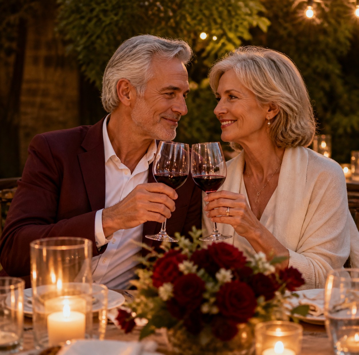 A couple toasting with wine at a candlelit anniversary dinner
